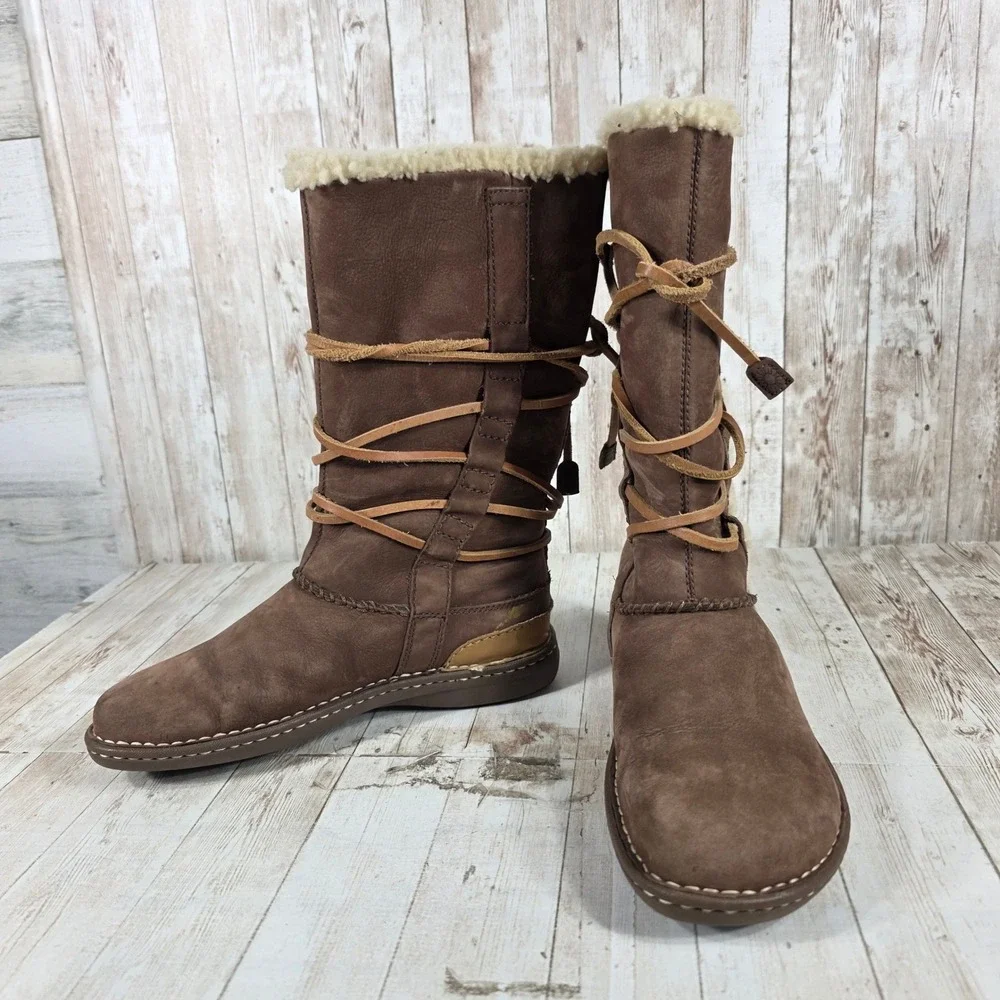 UGG Australia Sunburst Tall Brown‎ Leather Shearling Lace Up Boots 534 Womens 8